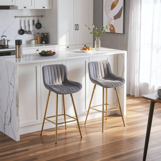 Sunvega Set of 2 Velvet Fabric Bar Stools with Chrome Footrest and Golden Legs