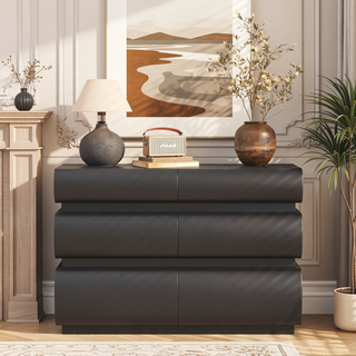 Sunvega Modern Black Handle-Less 6 Drawer Dresser with Anti-Tipover for Bedroom