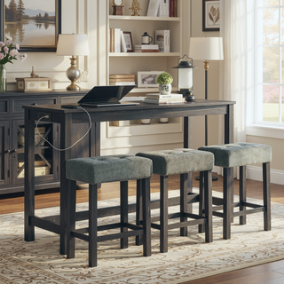 Sunvega 59 Inch Bar Table Set with Power Outlet and 3 Upholstered Stools for Kitchen
