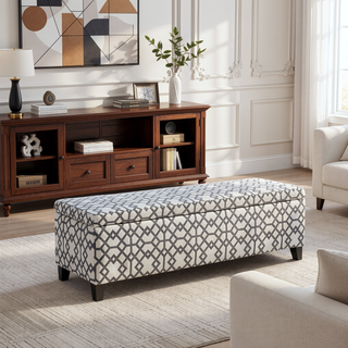 Sunvega Dark Brown Stained Legs Birch Wood Storage Bench Ottoman with Geometric Pattern