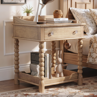 Sunvega Retro Style Queen Size Wood Platform Bed with Gourd Shaped Headboard and Slat Support