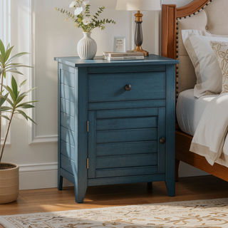 Sunvega Antique Blue Veneer Transitional Nightstand with Storage Drawer and Cabinet