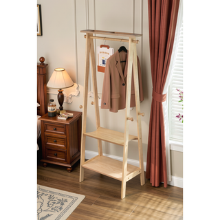 Sunvega Natural Finish Standing Garment Rack with Shelves and Knob Hooks
