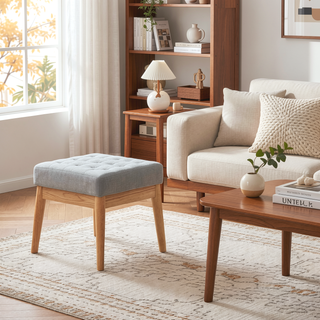 Sunvega Mid Century Modern Tufted Bench with Solid Birch Legs and Natural Finish