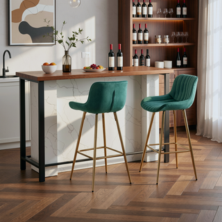 Sunvega 30 inch Set of 2 Blue Velvet Bar Stools with Chrome Footrest and Golden Legs