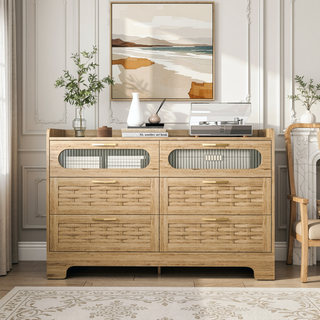 Sunvega Mid-Century Wood Storage Cabinet with 3 Woven Doors and Adjustable Shelf
