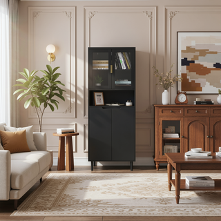 Sunvega Tall Storage Bookcase with 4 Adjustable Shelves and Tempered Glass Doors