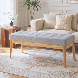 Sunvega Mid Century Modern Tufted Bench with Solid Birch Legs and Natural Finish