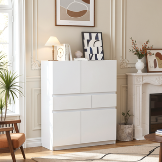 Sunvega White Wooden Storage Cabinet with 4 Doors and 2 Drawers for Living Room