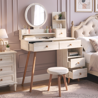 Sunvega Vanity Table with Touch Control LED Mirror and Cushioned Stool, Large Storage Cabinet
