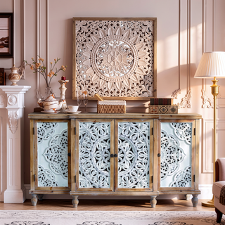 Sunvega Handmade Hollow-Carved Accent Cabinet with Adjustable Shelf Distressed Wood