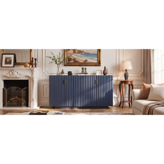 Sunvega Antique Navy Buffet Cabinet with 4 Fluted Doors and Adjustable Shelves