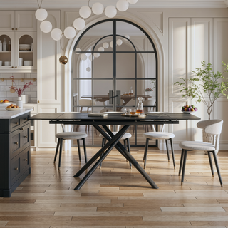 Sunvega Retractable Sintered Stone Dining Table with Black Carbon Steel Legs for 6-8 Seats