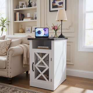 Sunvega Farmhouse End Table with Charging Station and Adjustable Shelf for Bedroom
