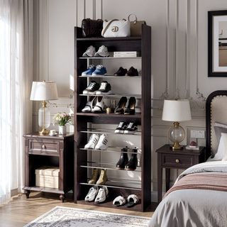 Sunvega Tall Open Shoe Rack with Metal Rails and Multi-Tier Shelves in Wengue