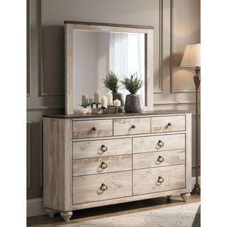 Sunvega White Wash Finish King Sleigh Bed Dresser Mirror Nightstands and Chest