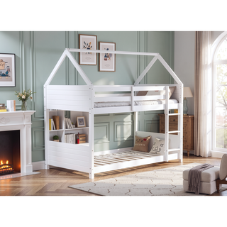 Sunvega Twin Over Twin House Floor Bunk Bed with Headboards Footboards Guardrails and Ladder