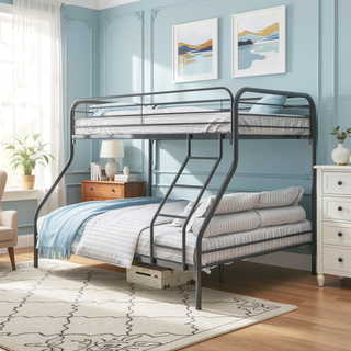 Sunvega Heavy Duty Twin Over Full Metal Bunk Bed with Enhanced Guardrail and Inclined Ladder