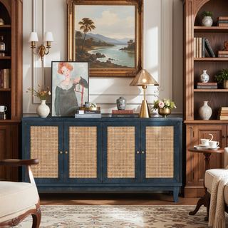 Sunvega Handcrafted Premium Grain Rattan Sideboard Storage Cabinet with 4 Doors