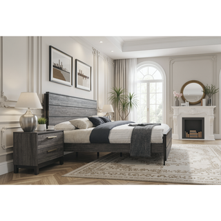 Sunvega Antique Grey Finish Wood King Bed Dresser Mirror Nightstand Set