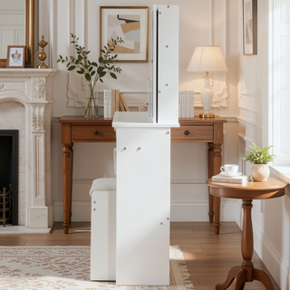 Sunvega Small Space Vanity Table with Cushioned Stool and Extra Large Sliding Mirror