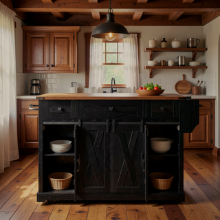 Sunvega Farmhouse Kitchen Island with Storage Sliding Barn Door Drop Leaf and Charging Station