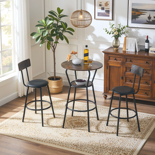 Sunvega Rustic Brown Bar Table and Stool Set with Shelf and Upholstered Backrest