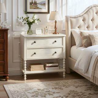 Sunvega Antique Cream Nightstand with Turned Legs and Natural Whitewash Look