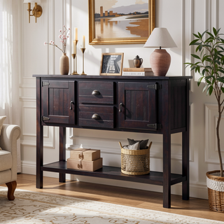 Sunvega Retro Style Solid Pine Wood Sideboard Console Table with 2 Drawers and Cabinets