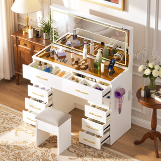 Sunvega White Glass Top Vanity Desk with 10 Drawers and Lighted Mirror