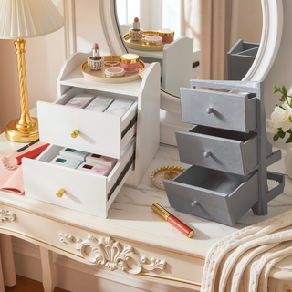 Sunvega 7-Drawer Vanity Desk with LED Mirror Jewelry Storage and PU Stool