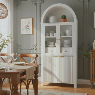 Sunvega Elegant Fluted Tall Arched Pantry Cabinet with Adjustable Shelves