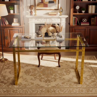 Sunvega Modern Minimalist Rectangular Glass Dining Table with Golden Chrome Metal Legs