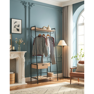 Sunvega Light Brown Free Standing Metal Clothes Rack with One Drawer