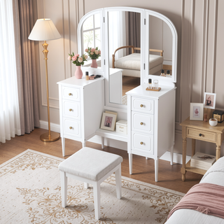 Sunvega Antique White Makeup Vanity Desk with Triple Mirror and 6 Drawers