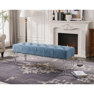 Sunvega Blue Velvet Upholstered Bench with Button Tufted Detail and Acrylic Legs