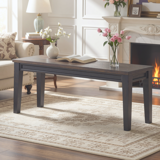 Sunvega Solid Wood Dark Brown Dining Bench with Plank Effect Farmhouse Top