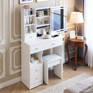 Sunvega Small Size Left Drawer Vanity Table with Adjustable LED Mirror and Stool