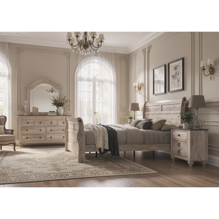 Sunvega White Wash Finish King Sleigh Bed Dresser Mirror Nightstand Bedroom Set