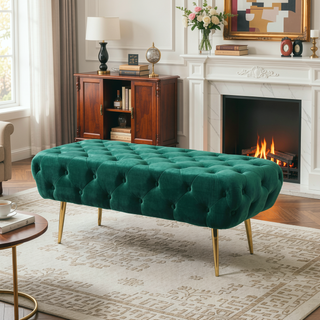 Sunvega Green Velvet Button Tufted Bench with Gold Metal Legs for Bedroom