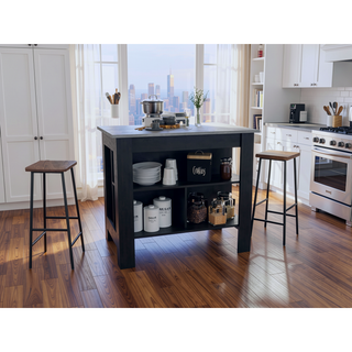 Sunvega Kitchen Island Table with Marble Finish and Three Storage Shelves