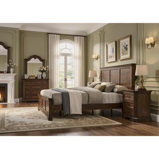 Sunvega Traditional Wood Panel Bed Set with Dresser Mirror and Two Nightstands