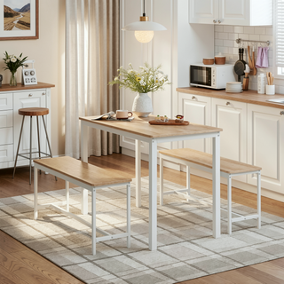 Sunvega Industrial Natural and White Dining Table Set with 2 Benches for Kitchen