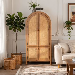 Sunvega Arched Rattan Pantry Cabinet with Adjustable Shelves for Kitchen Bathroom