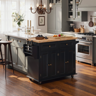 Sunvega Kitchen Island Cart on Wheels with Rubberwood Top Spice Rack and Drawers