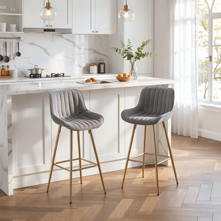 Sunvega 30 inch Set of 2 Blue Velvet Bar Stools with Chrome Footrest and Golden Legs