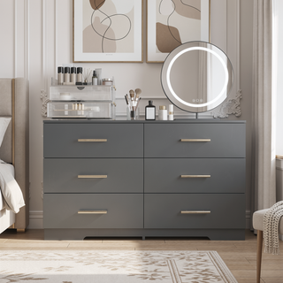Sunvega White Wooden Six Drawer Cabinet with Golden Handles Large Storage Space