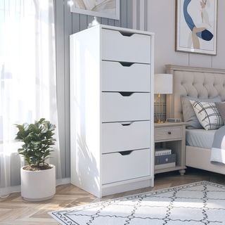 Sunvega Five Drawer Narrow Dresser in White Finish for Bedroom