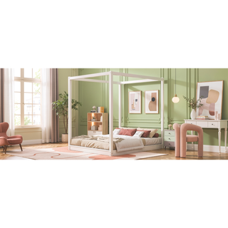 Sunvega White Queen Size Canopy Platform Bed with Support Legs and Sturdy Frame