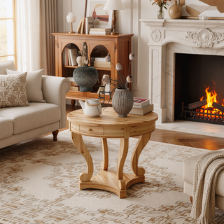 Sunvega Small Round Natural Wood Side Table with Two Storage Drawers